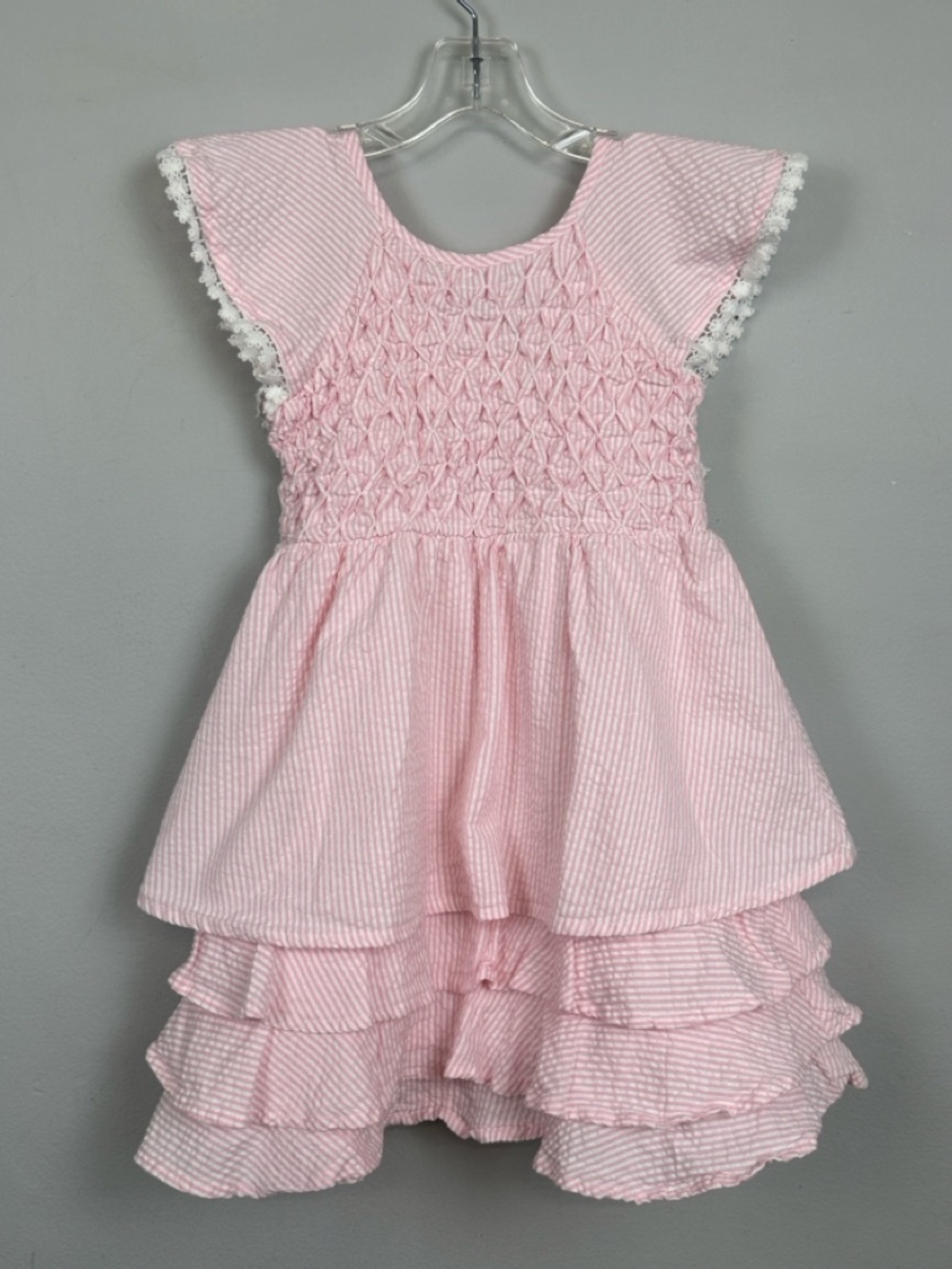 Monica + Andy Smocked Seersucker Pink Striped Ruffled Dress Size 3T